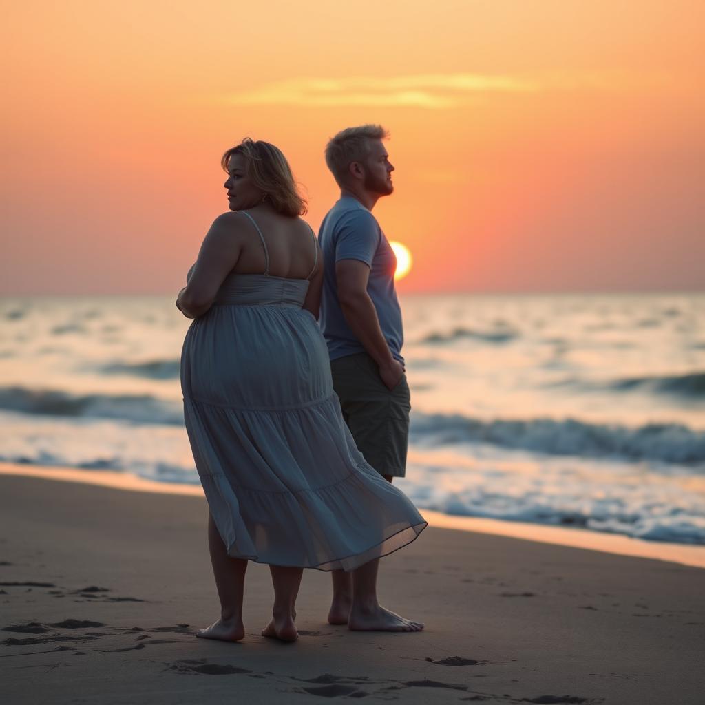 A chubby woman and a blonde man standing back to back on a beach at sunset, both gazing away in a melancholic moment