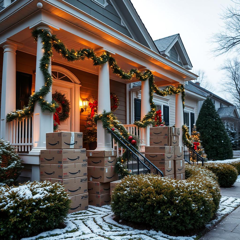 A luxurious home adorned with elegant holiday decorations in a prestigious neighborhood, showcasing a beautifully landscaped front yard
