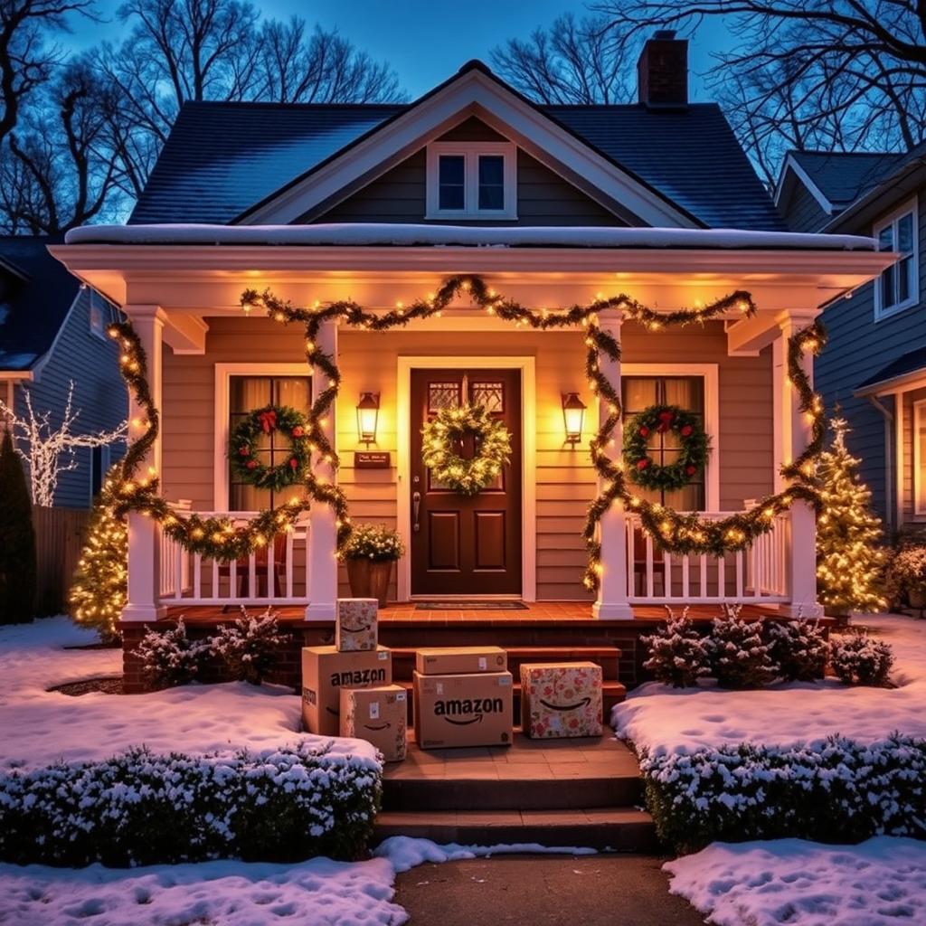 A charming house decorated for Christmas in a lovely neighborhood, featuring a welcoming porch adorned with festive lights and holiday wreaths