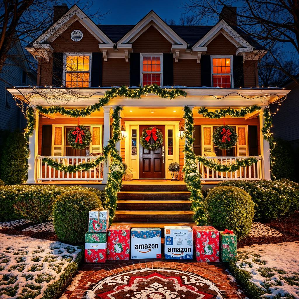 An exquisite house decorated for Christmas, nestled in a high-end neighborhood characterized by beautiful architecture and manicured lawns