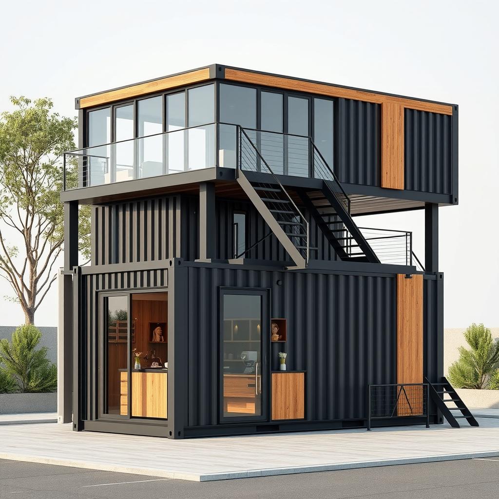 A modern, minimalist coffee shop constructed from two shipping containers