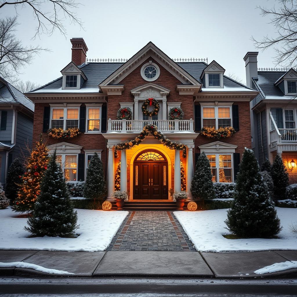 An opulent house beautifully decorated for Christmas in an upscale neighborhood, featuring stunning architectural details and a grand entrance