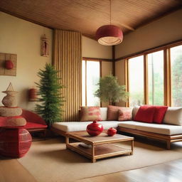 A Japanese-inspired living room, filled with bamboo and rattan decorations. In the corner is a unique Christmas tree adorned with red accessories and bamboo elements.