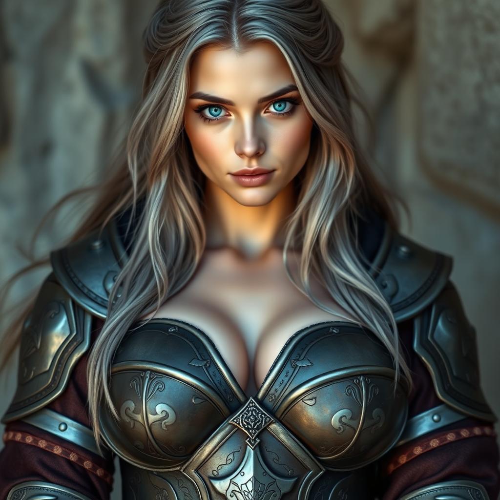 A real-life photo of a busty, shy, delicate yet athletic cleric healer
