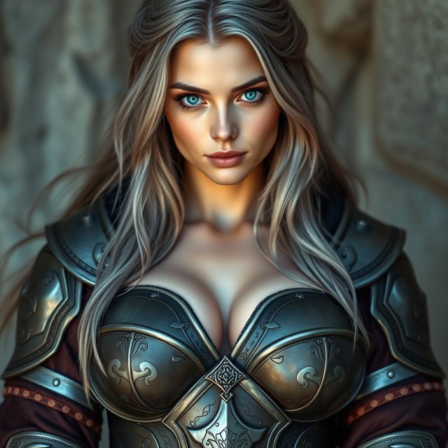 A real-life photo of a busty, shy, delicate yet athletic cleric healer