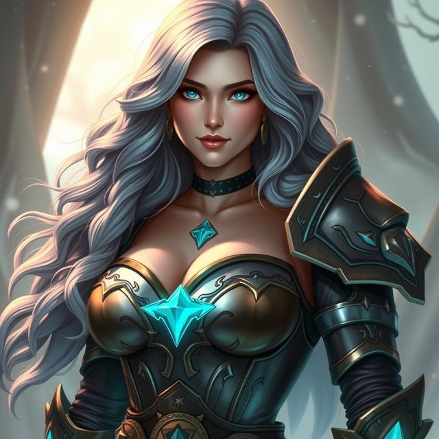 A busty, shy but athletic cleric healer, embodying a kind and caring demeanor
