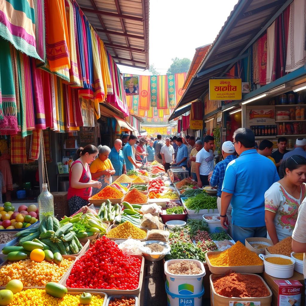 A vibrant and bustling local market scene filled with colorful stalls, showcasing a variety of fresh fruits, vegetables, spices, and handcrafted goods