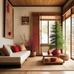 A Japanese-inspired living room, filled with bamboo and rattan decorations. In the corner is a unique Christmas tree adorned with red accessories and bamboo elements.