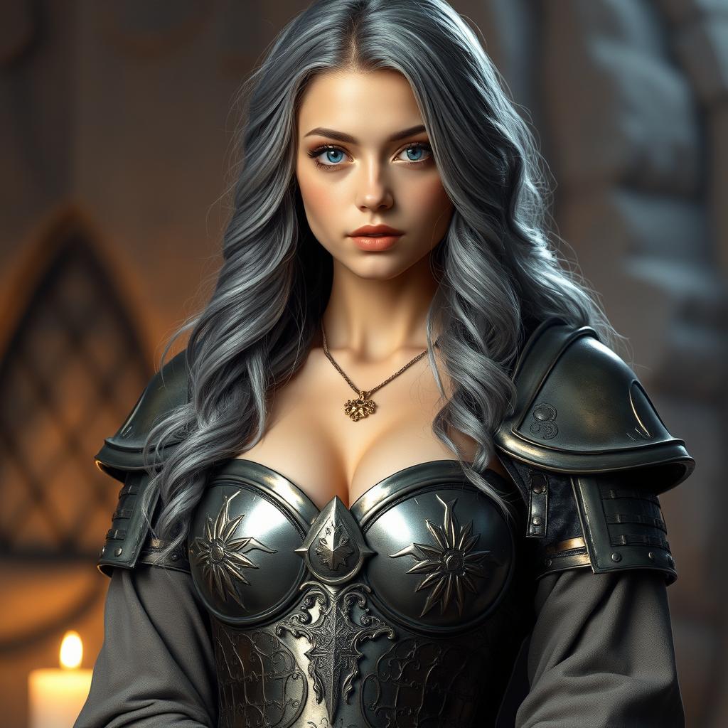 A real life photo of a shy but athletic cleric healer, a kind and slender girl with large beautiful natural breasts