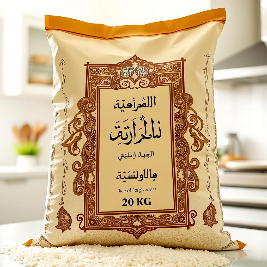 A large, elegantly designed 20 kg bag of rice named 'Rice of Forgiveness' (رز الغفران) featuring intricate, traditional Arabic patterns and calligraphy on the front