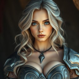 A photorealistic depiction of a kind and caring female cleric healer with a slim athletic build, featuring long wavy ash grey hair and bright turquoise eyes