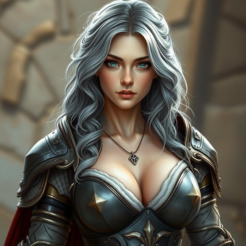 A photorealistic depiction of a kind and caring female cleric healer with a slim athletic build, featuring long wavy ash grey hair and bright turquoise eyes