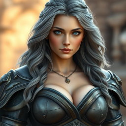 A photorealistic depiction of a kind and caring female cleric healer with a slim athletic build, featuring long wavy ash grey hair and bright turquoise eyes
