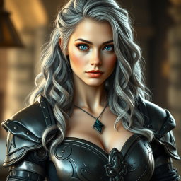 A photorealistic depiction of a kind and caring female cleric healer with a slim athletic build, featuring long wavy ash grey hair and bright turquoise eyes