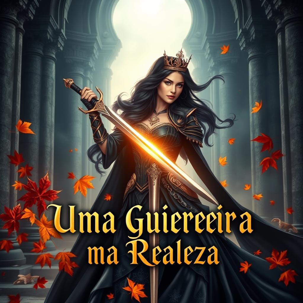A captivating fantasy book cover featuring a fierce female warrior in an elaborate dark gown adorned with gold accents, poised with a gleaming sword