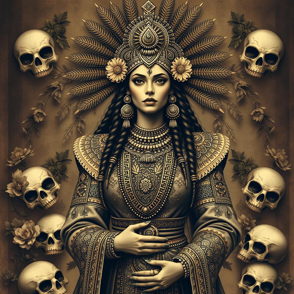 A stunning depiction of Mictehuacihuatl, the Aztec goddess of death, portrayed in traditional Mexica style