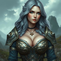 A realistic photo of a busty, shy, delicate cleric healer, characterized by her kind demeanor and slim figure