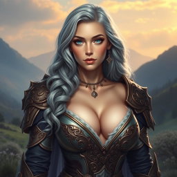A realistic photo of a busty, shy, delicate cleric healer, characterized by her kind demeanor and slim figure