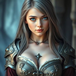 A real-life photo of a busty, shy, delicate cleric healer girl with large, beautiful natural breasts