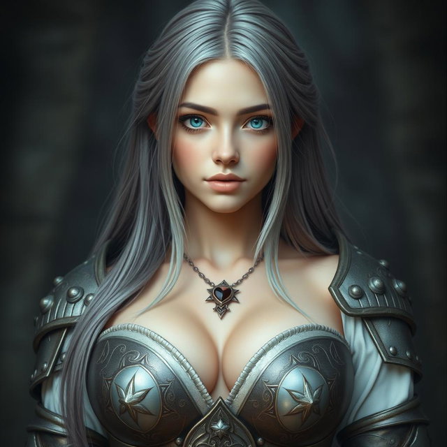 A real-life photo of a busty, shy, delicate cleric healer girl with large, beautiful natural breasts