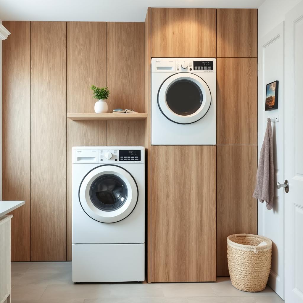 A beautifully furnished laundry room featuring an elegant wooden wall panel on the left wall