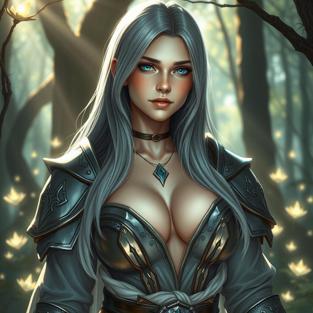 A busty, shy, and delicate cleric healer who is kind and slim