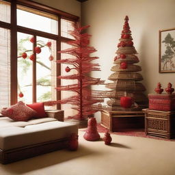 A Japanese-inspired living room, filled with bamboo and rattan decorations. In the corner is a unique Christmas tree adorned with red accessories and bamboo elements.