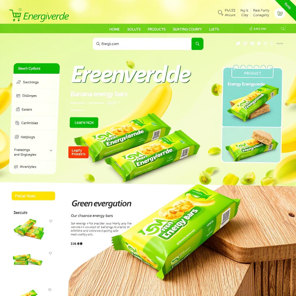 An online store showcasing a vibrant display of green banana energy bars branded as 'Energiverde'