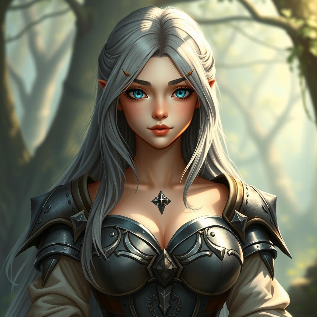 A fantasy cleric healer character, depicted as a kind and delicate young woman with slim features