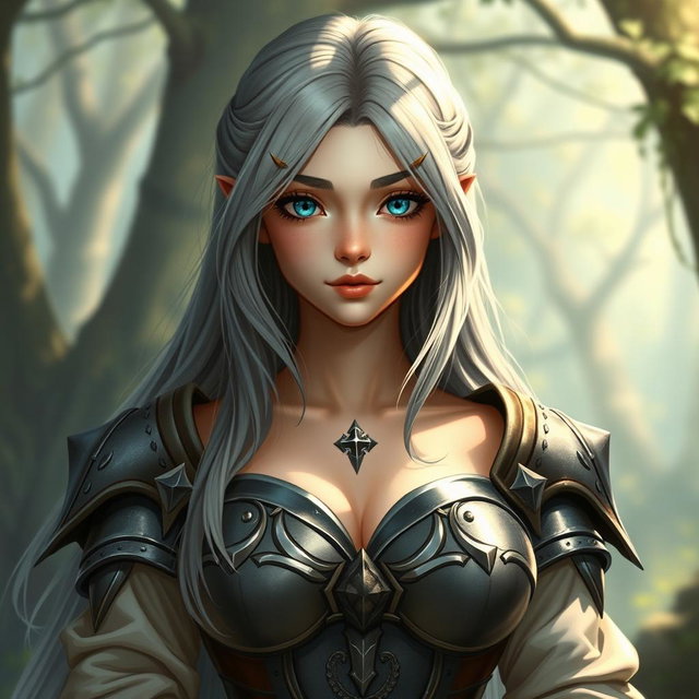 A fantasy cleric healer character, depicted as a kind and delicate young woman with slim features