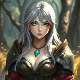 A fantasy cleric healer character, depicted as a kind and delicate young woman with slim features