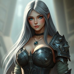 A busty, shy, and delicate cleric healer, characterized by her kind and caring demeanor