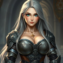 A busty, shy, and delicate cleric healer, characterized by her kind and caring demeanor