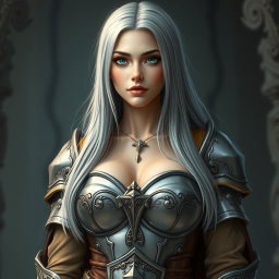 A busty, shy, and delicate cleric healer, characterized by her kind and caring demeanor