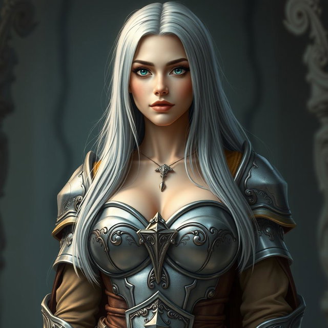 A busty, shy, and delicate cleric healer, characterized by her kind and caring demeanor