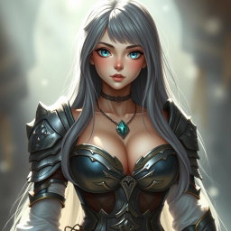 A busty, shy, and delicate cleric healer girl, embodying kindness and care, portrayed with a slim figure