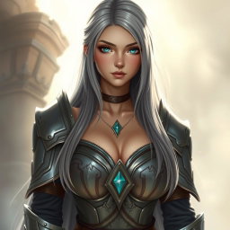 A busty, shy, and delicate cleric healer girl, embodying kindness and care, portrayed with a slim figure