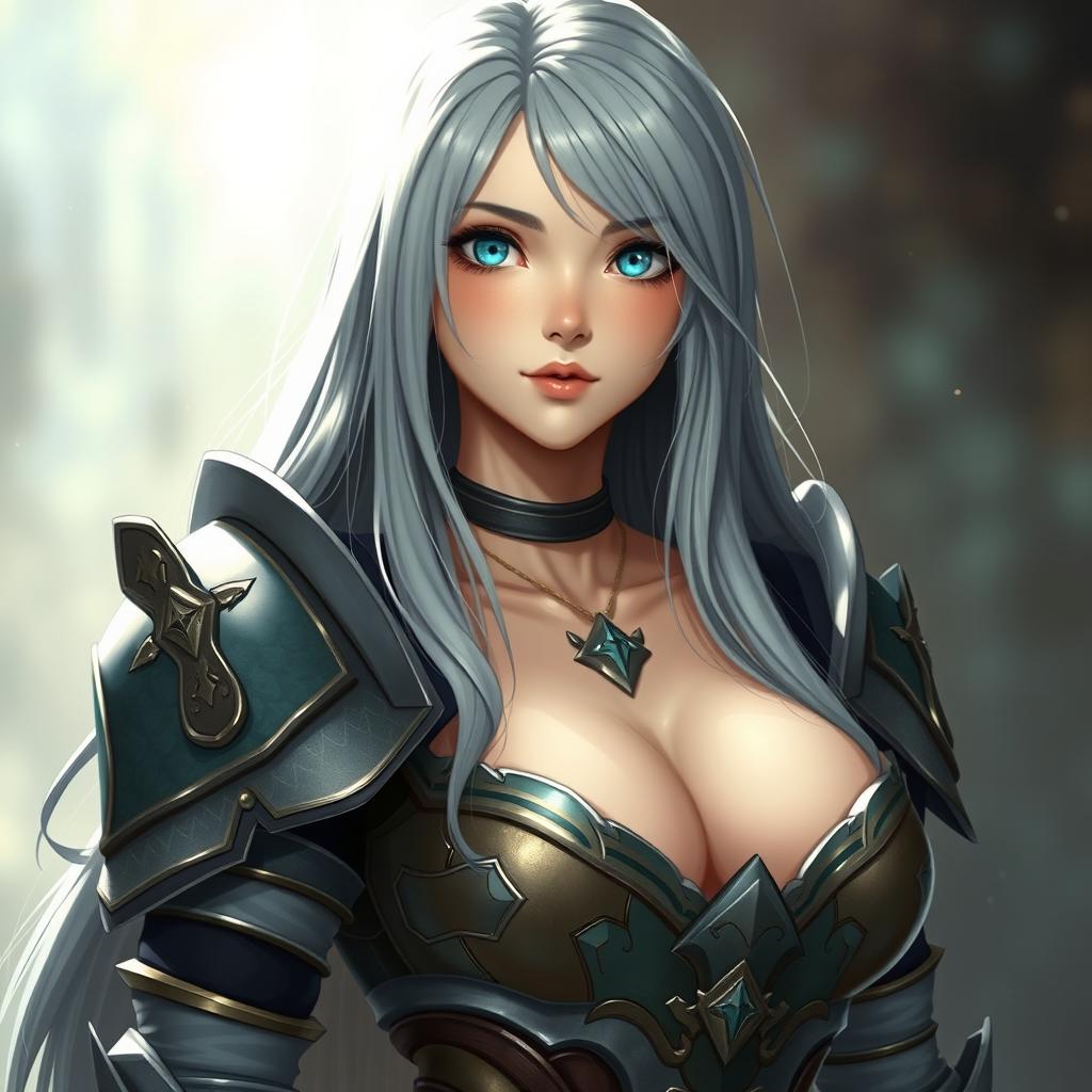 A busty, shy, and delicate cleric healer girl, embodying kindness and care, portrayed with a slim figure