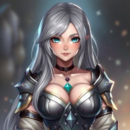 A busty, shy, and delicate cleric healer character, showcasing a kind and caring personality