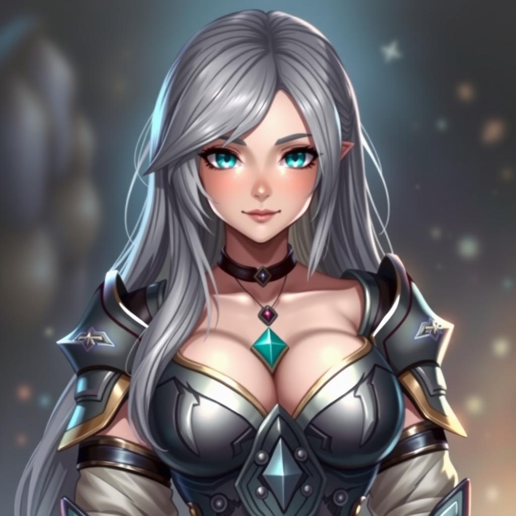 A busty, shy, and delicate cleric healer character, showcasing a kind and caring personality