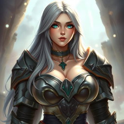A busty, shy, and delicate cleric healer character, showcasing a kind and caring personality