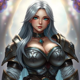 A busty, shy, and delicate cleric healer character, showcasing a kind and caring personality
