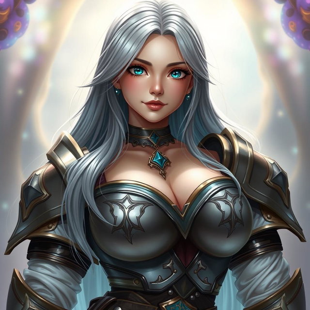 A busty, shy, and delicate cleric healer character, showcasing a kind and caring personality