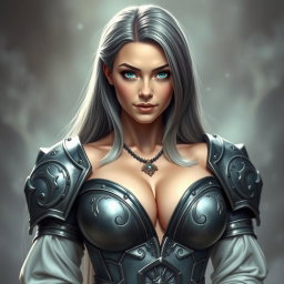 A real-life photograph of a busty, shy, delicate cleric healer with a kind demeanor