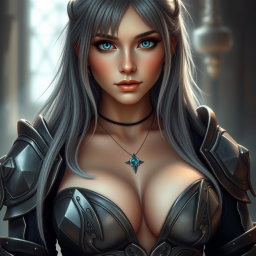 A real-life photograph of a busty, shy, delicate cleric healer with a kind demeanor