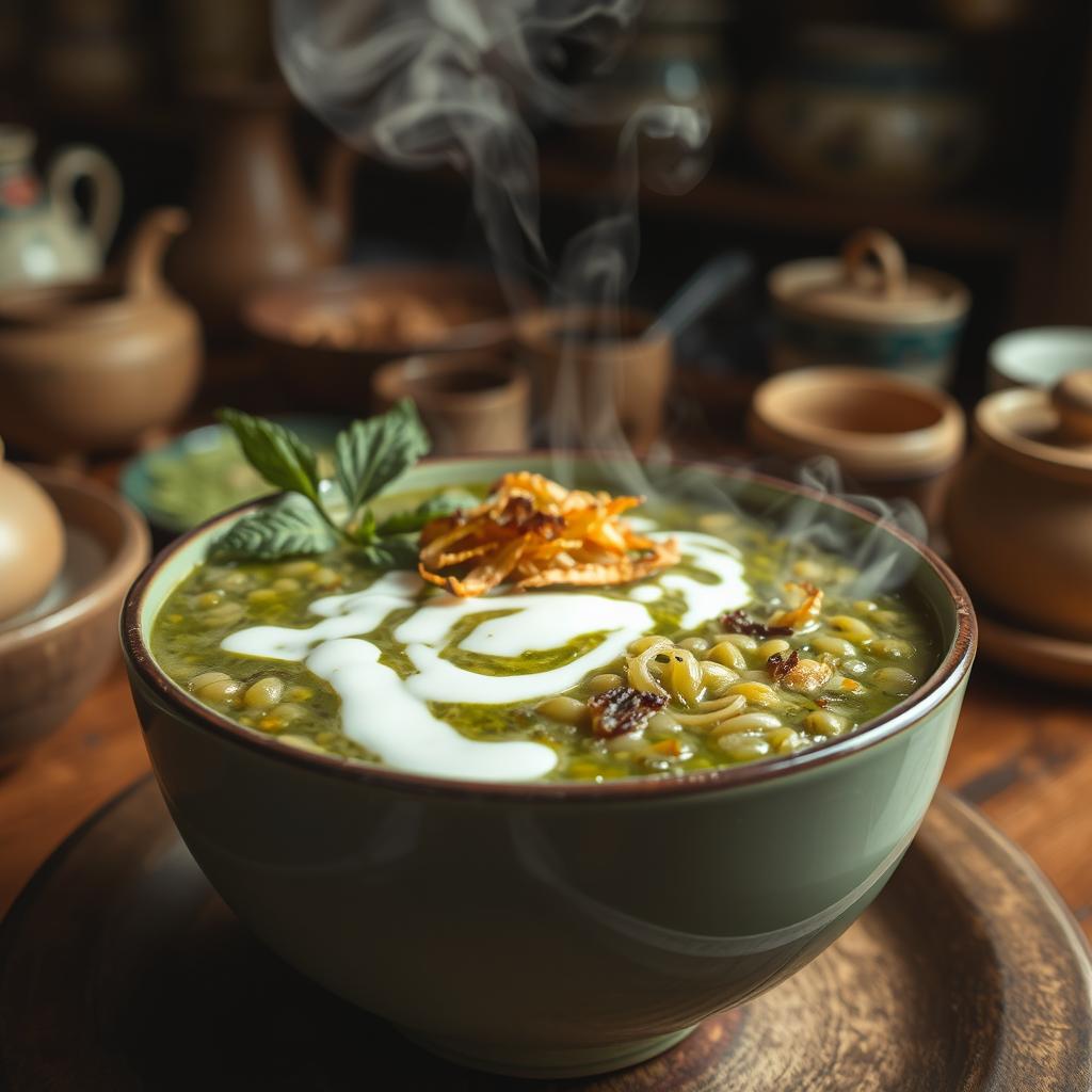 A close-up shot of a steaming bowl of Ash Reshteh, a traditional Persian noodle soup exhibiting a rich green color