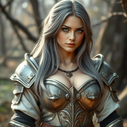 A real-life photo of a busty, shy and delicate cleric healer who is slim and caring