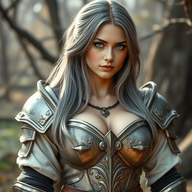 A real-life photo of a busty, shy and delicate cleric healer who is slim and caring