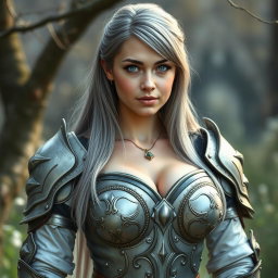 A real-life photo of a busty, shy and delicate cleric healer who is slim and caring