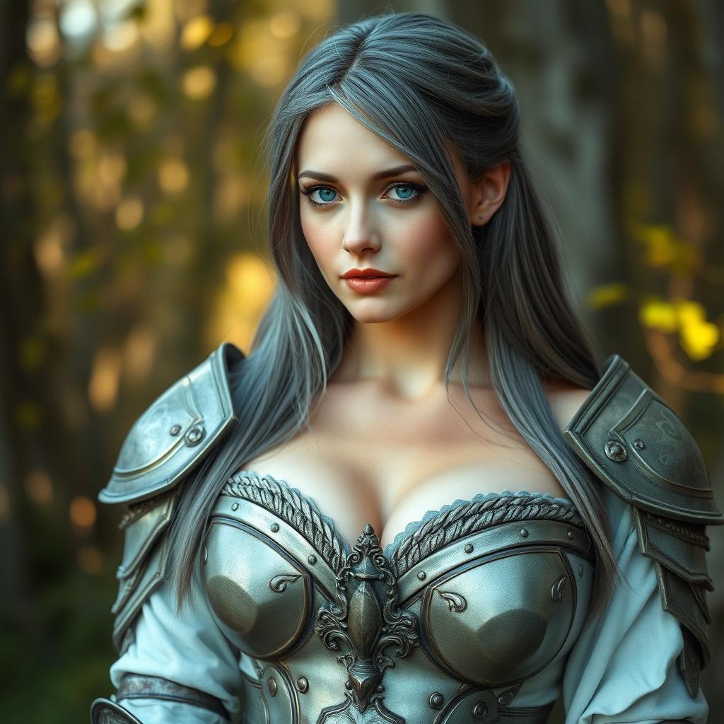 A real-life photo of a busty, shy and delicate cleric healer who is slim and caring